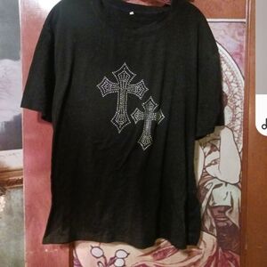 Black Womens Rhinestone Cross Graphic T‑Shirt Xl